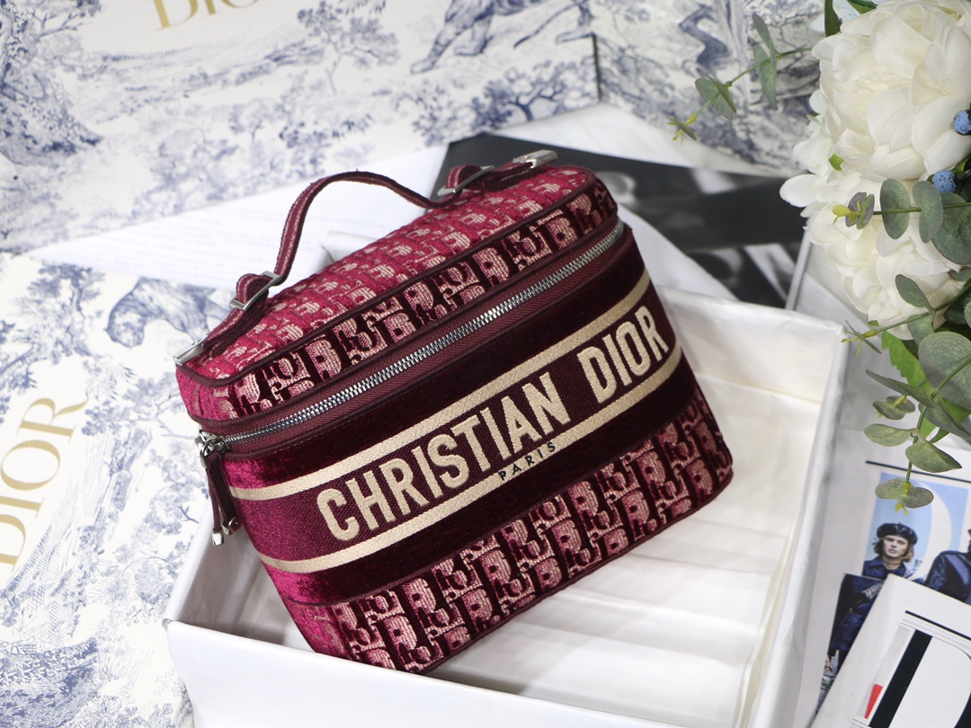 DIOR Cosmetic Bag Velvet Oblique Print Handheld Bucket Bag