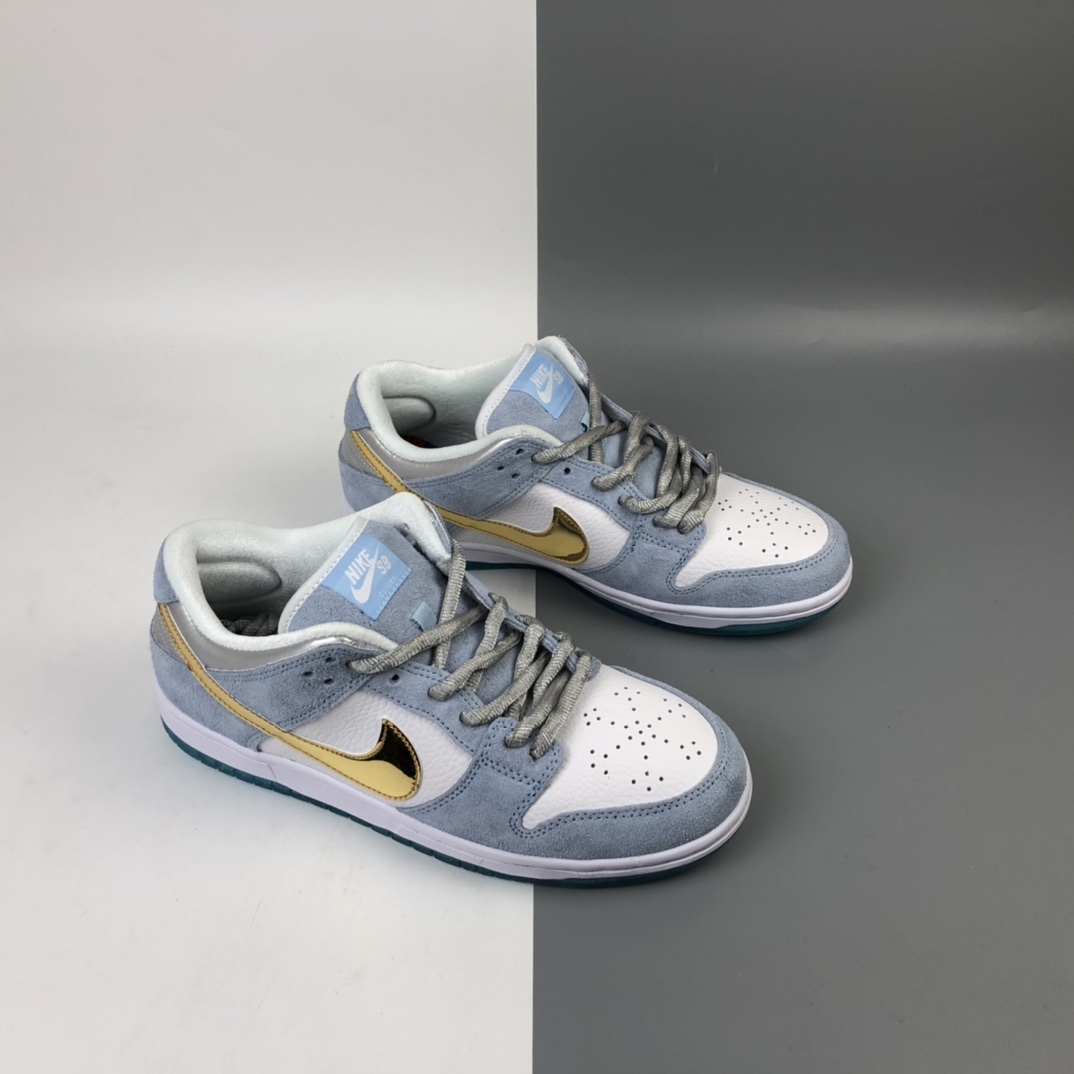 180 Sean Cliver x Nike SB Dunk Low Pro”White/Psychic Blue-Metallic Gold” 雾霾蓝白金钩水晶底 扣篮系列低帮休闲运动滑板板鞋 DC9936-100