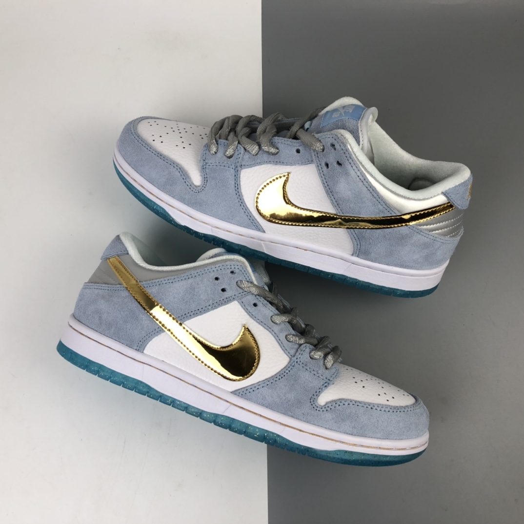 180 Sean Cliver x Nike SB Dunk Low Pro”White/Psychic Blue-Metallic Gold” 雾霾蓝白金钩水晶底 扣篮系列低帮休闲运动滑板板鞋 DC9936-100