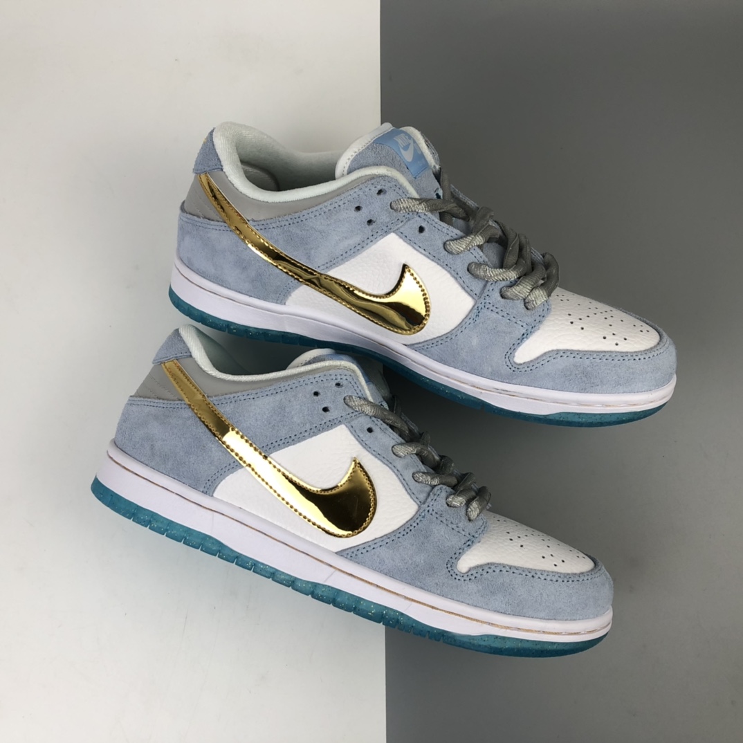 180 Sean Cliver x Nike SB Dunk Low Pro”White/Psychic Blue-Metallic Gold” 雾霾蓝白金钩水晶底 扣篮系列低帮休闲运动滑板板鞋 DC9936-100