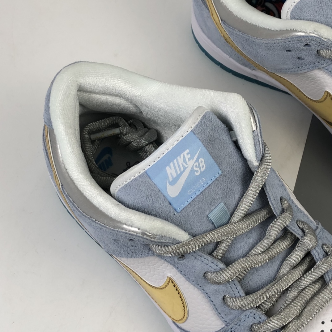 180 Sean Cliver x Nike SB Dunk Low Pro”White/Psychic Blue-Metallic Gold” 雾霾蓝白金钩水晶底 扣篮系列低帮休闲运动滑板板鞋 DC9936-100