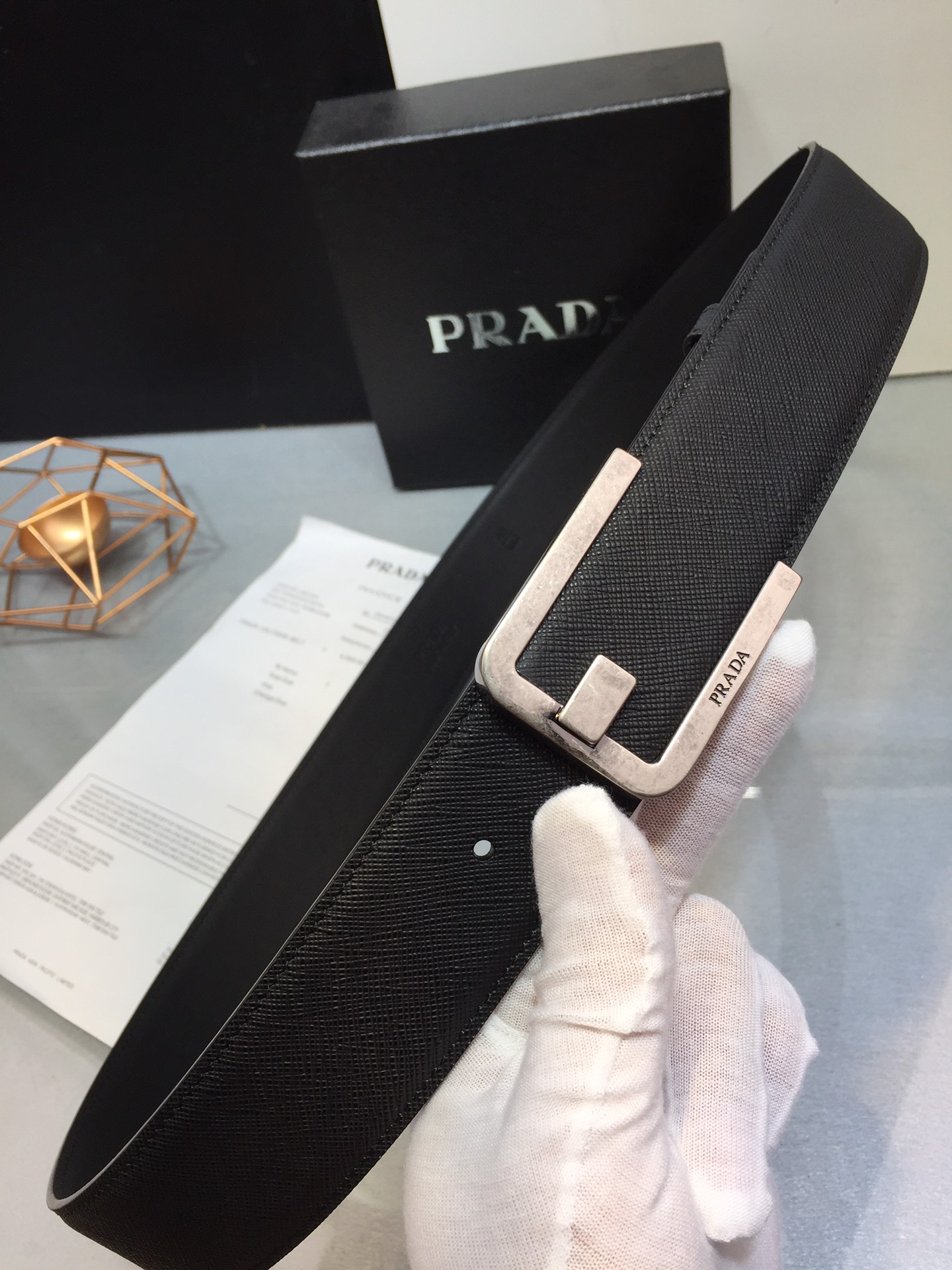 [Prada Belts]Prada Prada 4.0 centimeter-wide belt Old silver metal buckle with