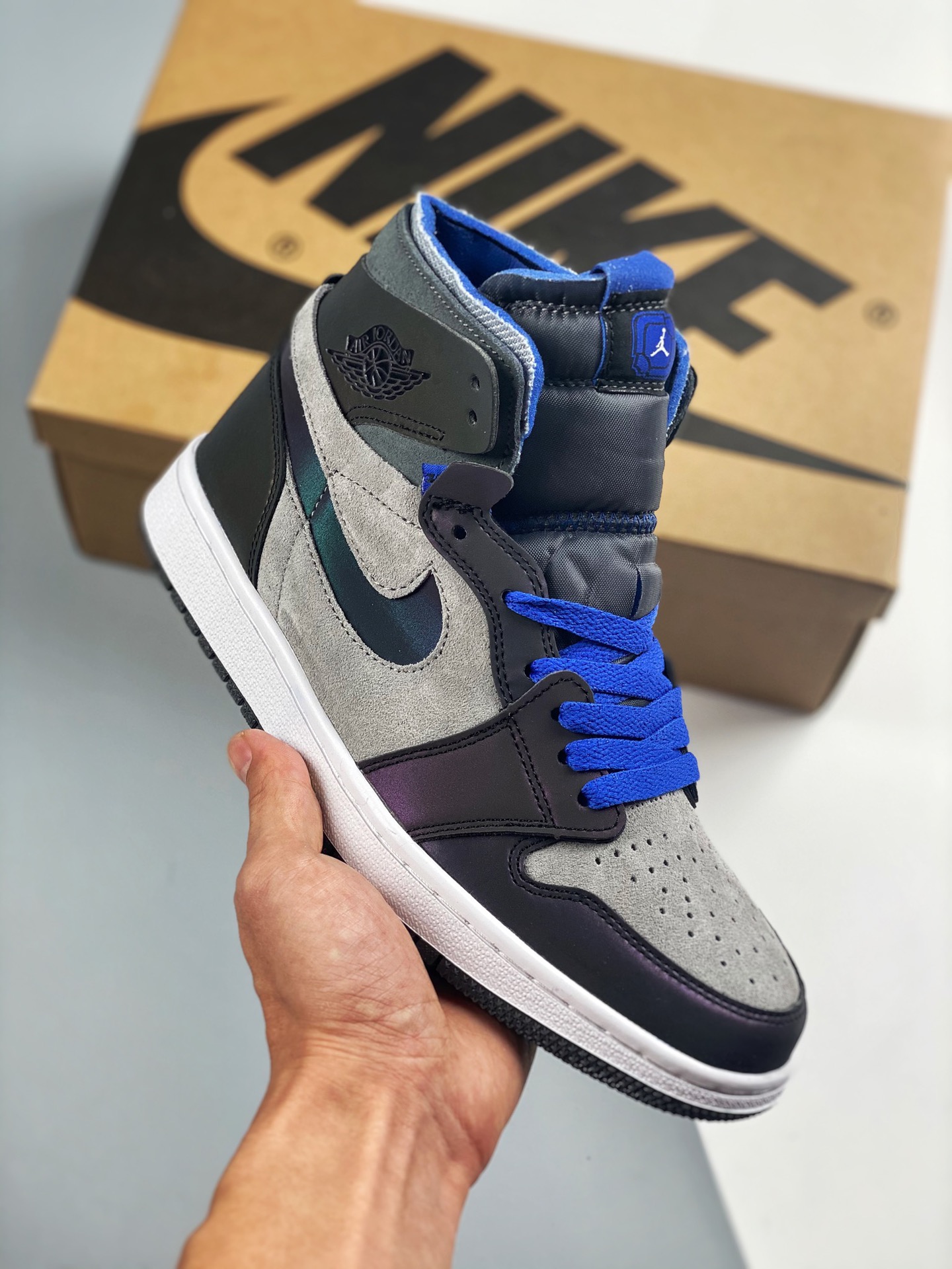 LPL x Jordan 1 High Zoom "Good Game" 3M reflectante camaleón, negro y azul, primicia real, misma empresa, material refl…