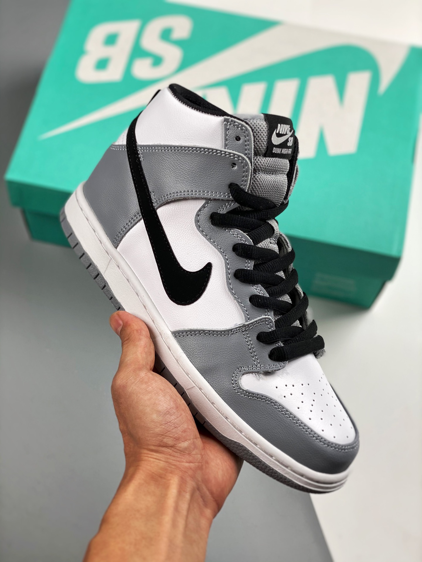 NK SB Dunk High Pro gris ahumado, fabricado con cartón de canal original, primicia con fotos reales #Etiqueta tejida de…