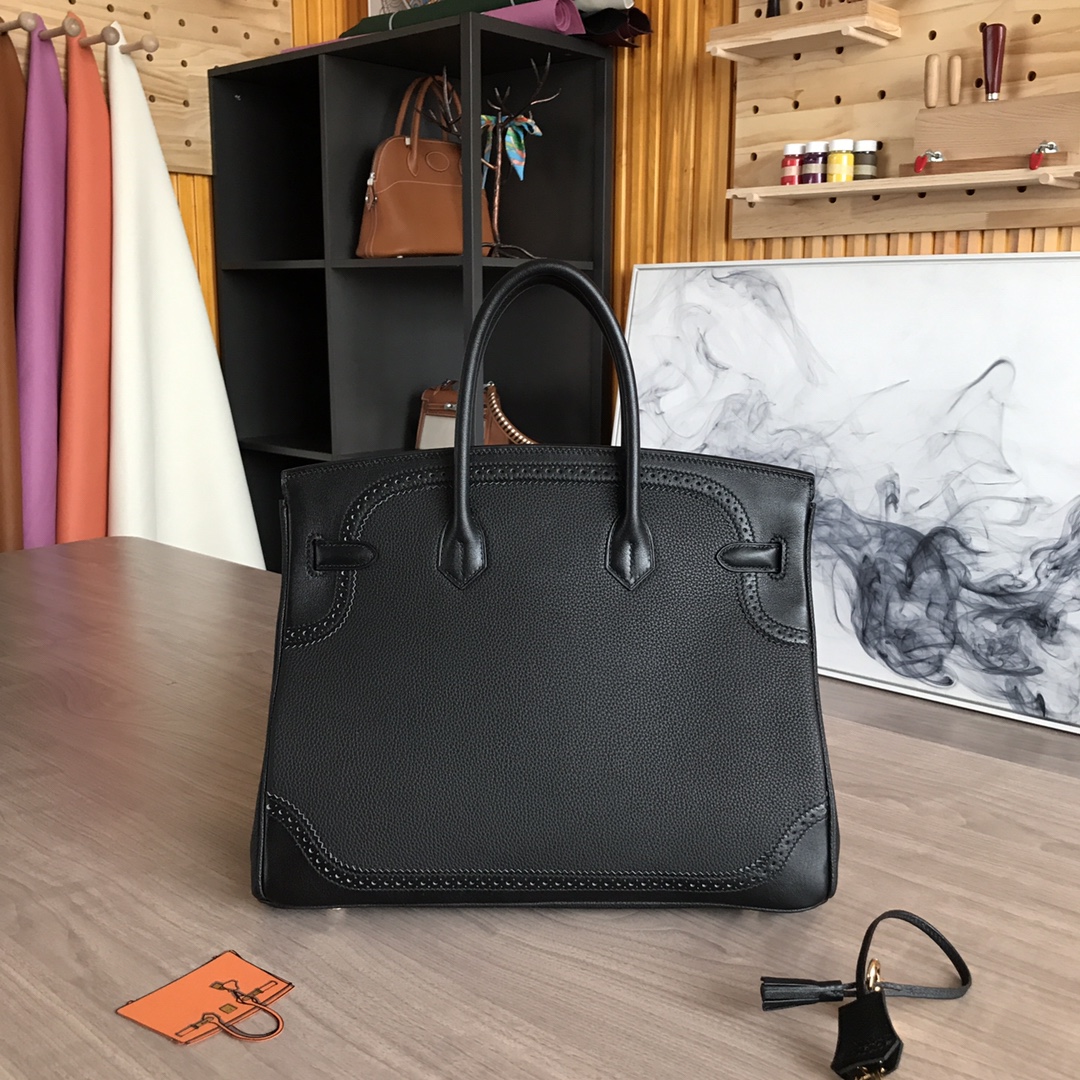 Elegant Birkin 35cm Black Leather Lace Handbag - Limited Edition 9 i1605186734 8141 8