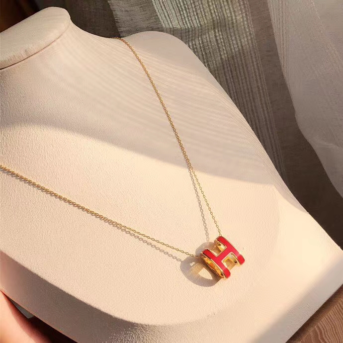 NO:102802,New Year's Hermes H necklace, gold and red enamel, counter one-to-one precision steel stamp, Hermes necklace, hermes, necklace19860909新年款爱马仕H项链 金色搭配红色珐琅 专柜一比一精工版钢印,爱马仕项链,hermes,necklace,Jewelry