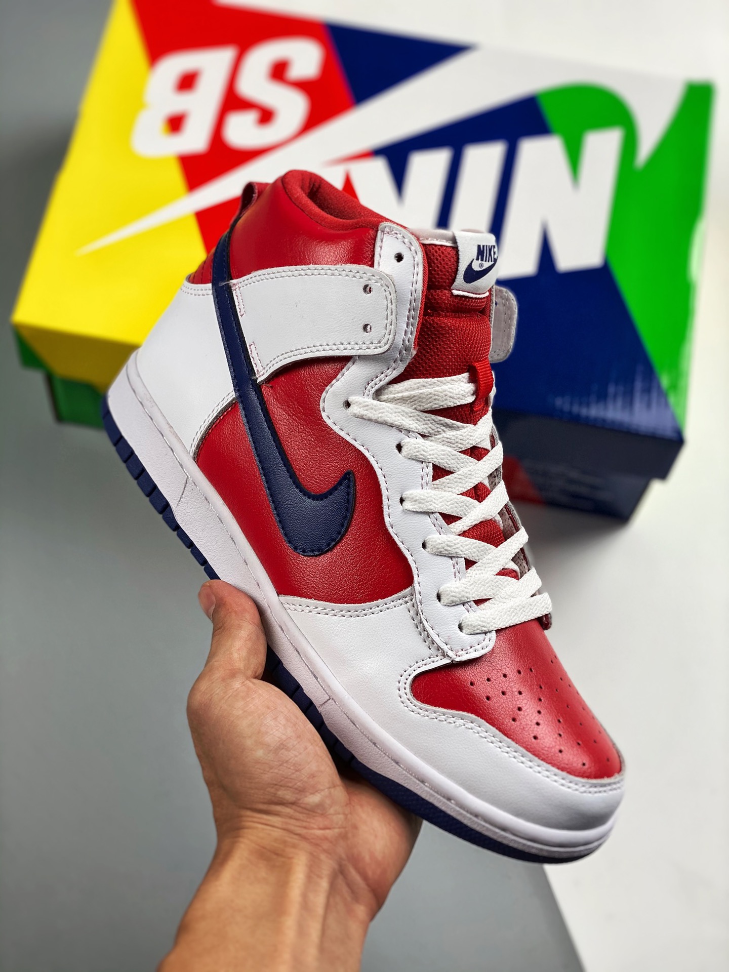 Nk Dunk High Rapid Varsity Red white red blue high top, original channel cardboard source construction, real …