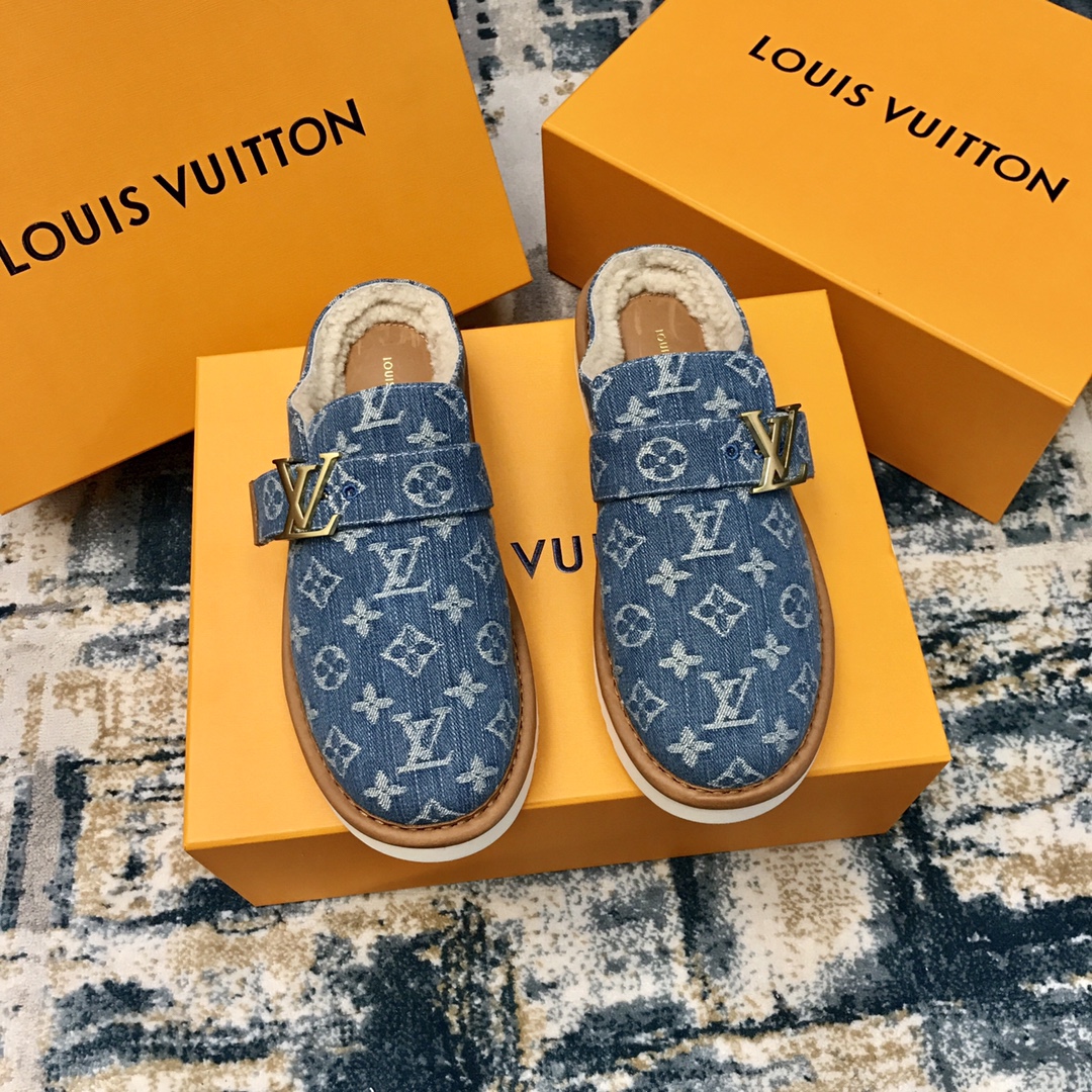 Louis Vuitton Shoes Slippers Blue Unisex Denim Rubber Wool Fall/Winter Collection Cosy