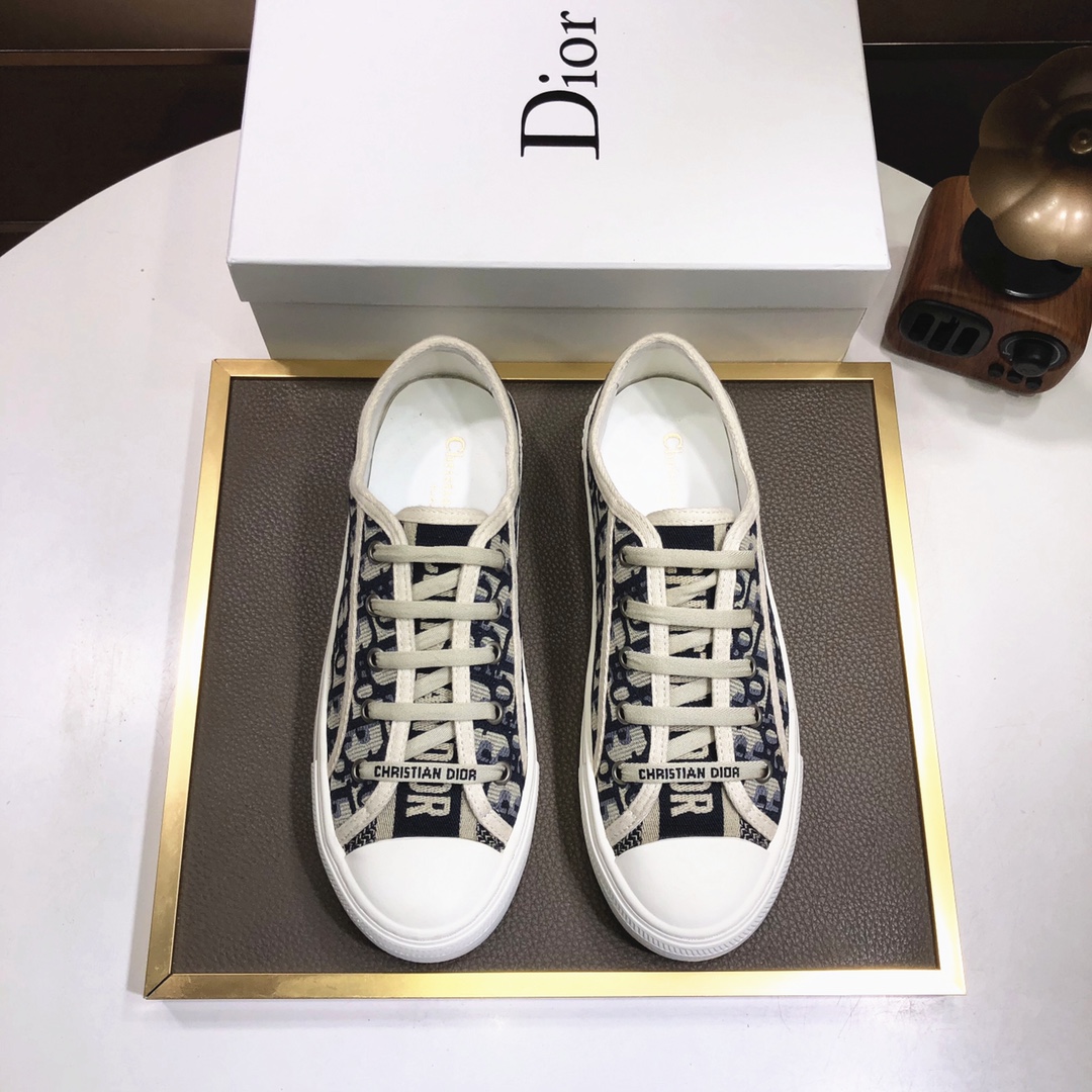 Dior Casual Shoes White Embroidery Unisex Women Men Cotton Cowhide Rubber Sheepskin Casual