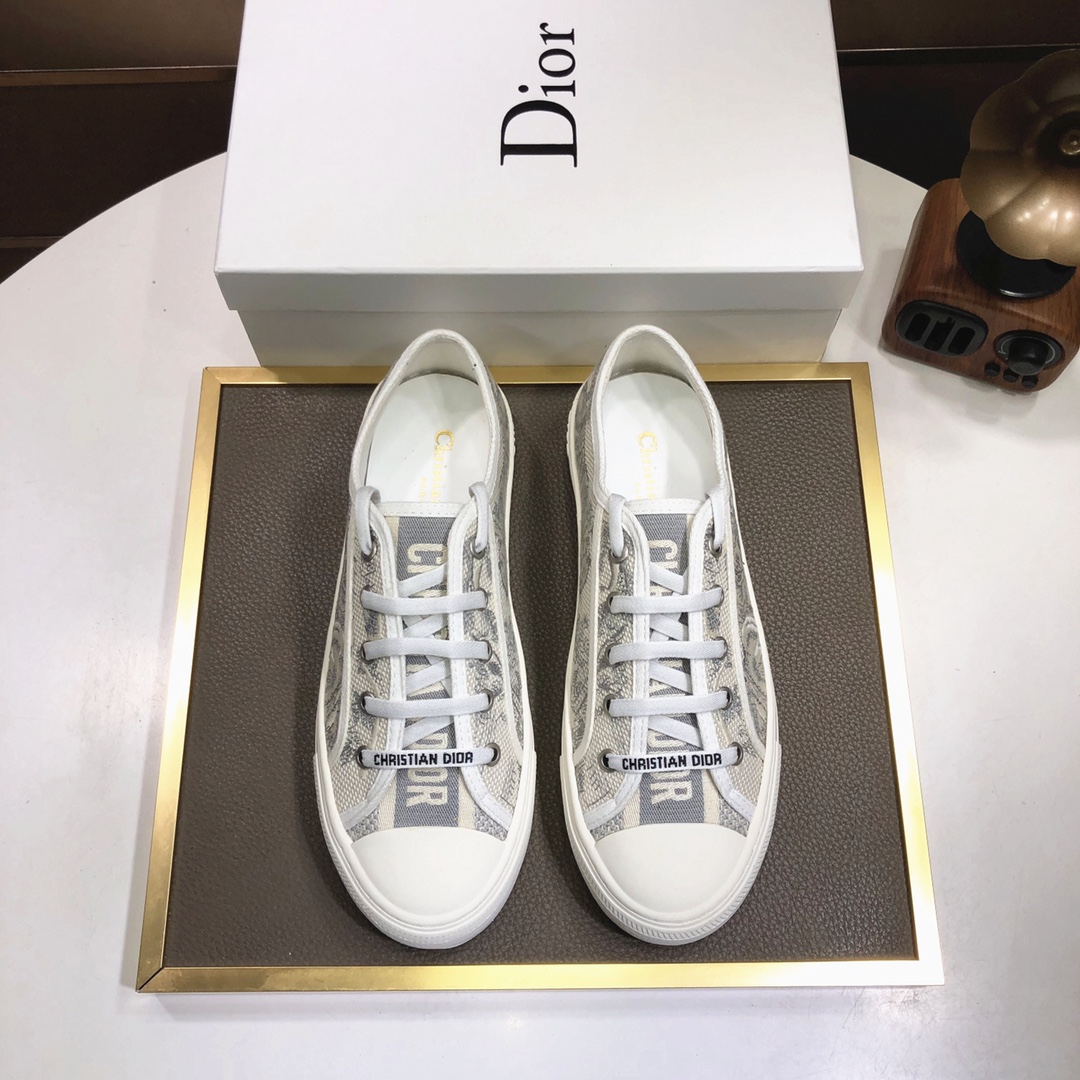 Dior Casual Shoes White Embroidery Unisex Women Men Cotton Cowhide Rubber Sheepskin Casual