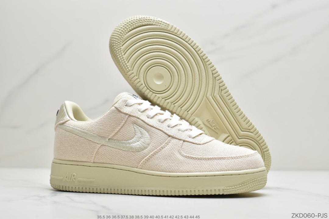 260 公司级美国元祖街头潮牌Stussy斯图西 x Nike Air Force 1 '07 Low”Black Cool”空军低帮经典百搭休闲运动板鞋“米白麻布电绣钩子”CZ9084-001