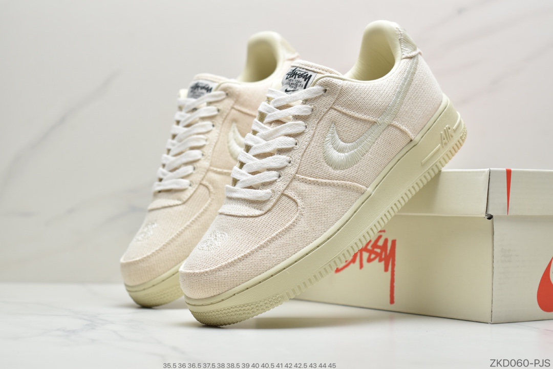 260 公司级美国元祖街头潮牌Stussy斯图西 x Nike Air Force 1 '07 Low”Black Cool”空军低帮经典百搭休闲运动板鞋“米白麻布电绣钩子”CZ9084-001