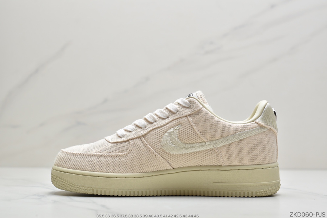 260 公司级美国元祖街头潮牌Stussy斯图西 x Nike Air Force 1 '07 Low”Black Cool”空军低帮经典百搭休闲运动板鞋“米白麻布电绣钩子”CZ9084-001