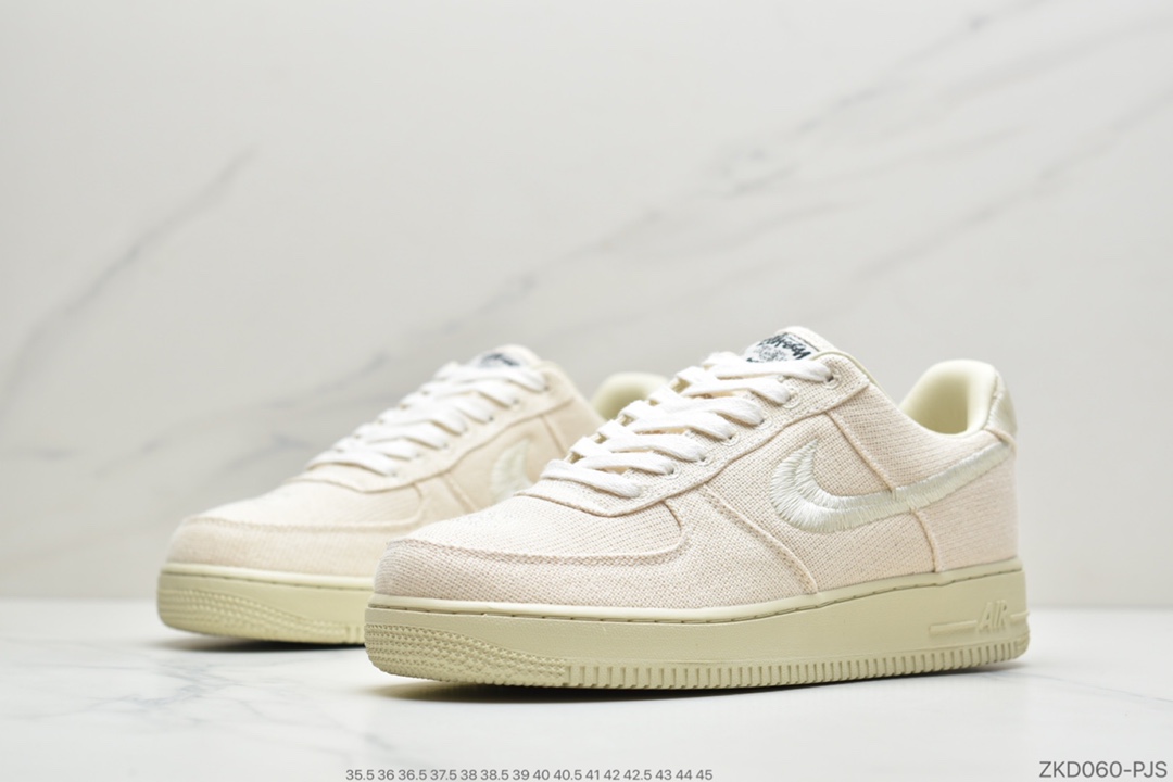 260 公司级美国元祖街头潮牌Stussy斯图西 x Nike Air Force 1 '07 Low”Black Cool”空军低帮经典百搭休闲运动板鞋“米白麻布电绣钩子”CZ9084-001