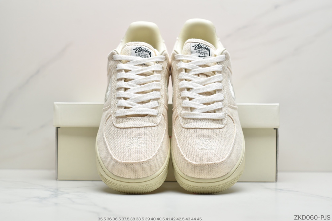 260 公司级美国元祖街头潮牌Stussy斯图西 x Nike Air Force 1 '07 Low”Black Cool”空军低帮经典百搭休闲运动板鞋“米白麻布电绣钩子”CZ9084-001