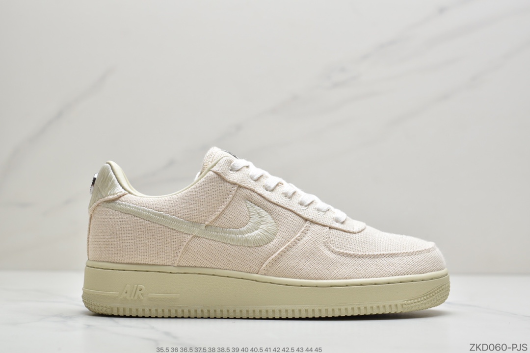 260 公司级美国元祖街头潮牌Stussy斯图西 x Nike Air Force 1 '07 Low”Black Cool”空军低帮经典百搭休闲运动板鞋“米白麻布电绣钩子”CZ9084-001