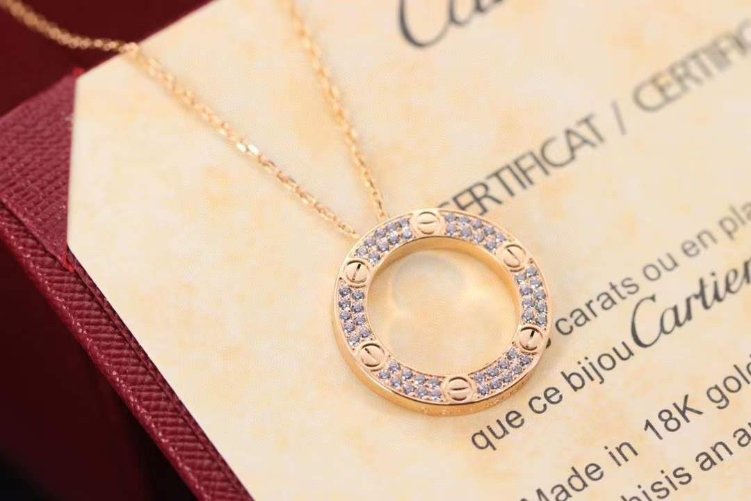 Cartier 卡地亚 玫瑰金色LOVE满钻圆饼 锁骨项链