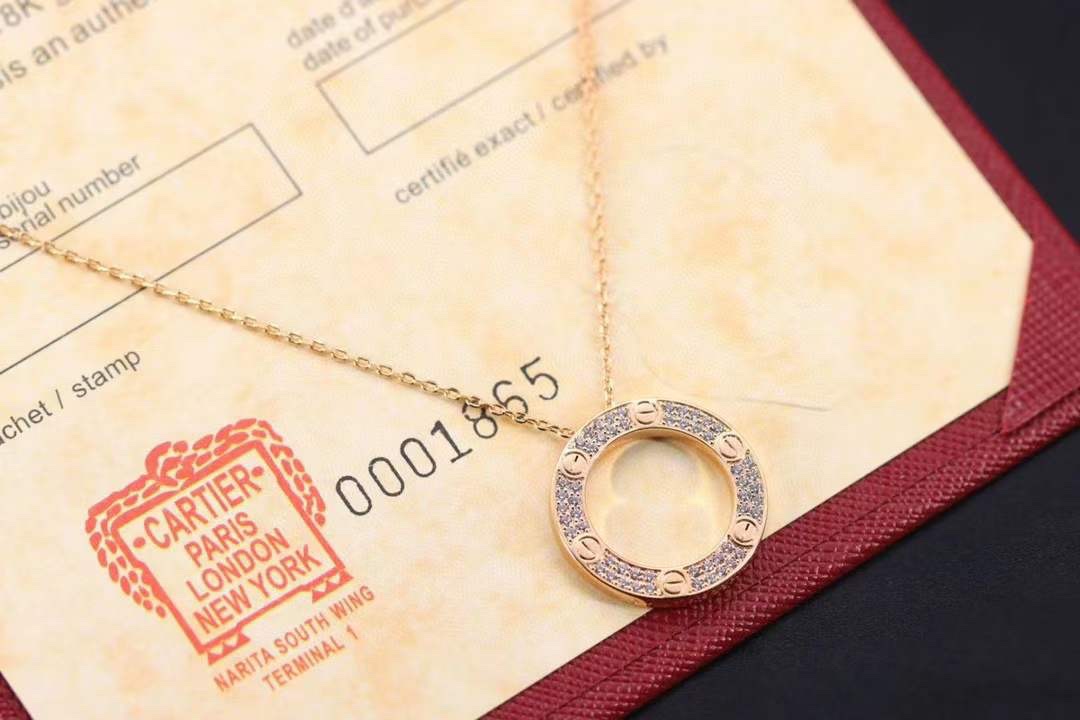 Cartier 卡地亚 玫瑰金色LOVE满钻圆饼 锁骨项链