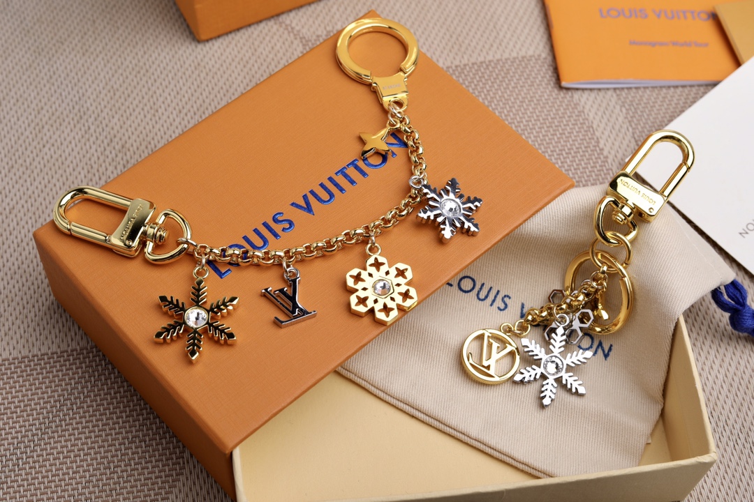Counterfeit Louis Vuitton Snowflake Bag Decorations with Fake Logo and Diamonds.