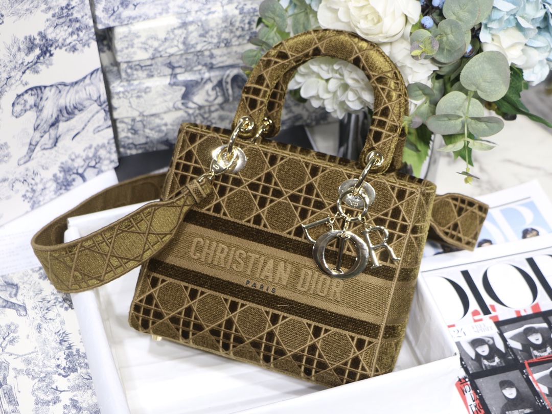 Lady D-Lite Velvet Cannage Embroidery Handbag