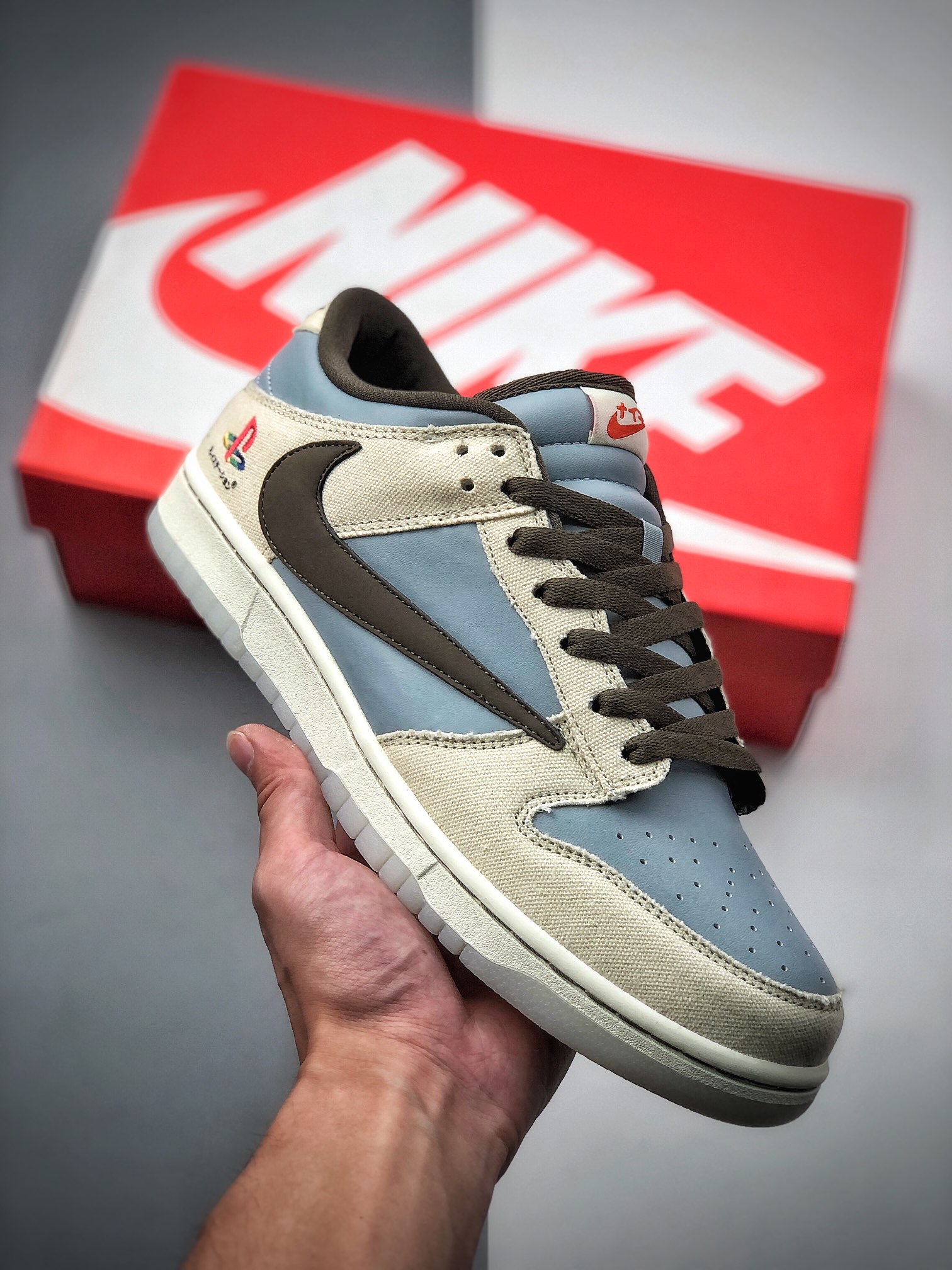 Travis Scott x Playstation x Nike SB Dunk Low triple collaboration, reverse swoosh, Dunk series retro low-top…