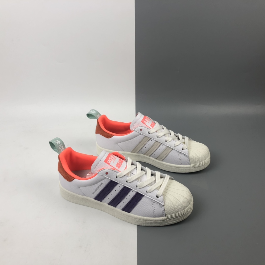 200 Adidas Originals Superstar  三叶草联名50周年 白科技紫橙 贝壳头经典百搭休闲运动板鞋 FW8087