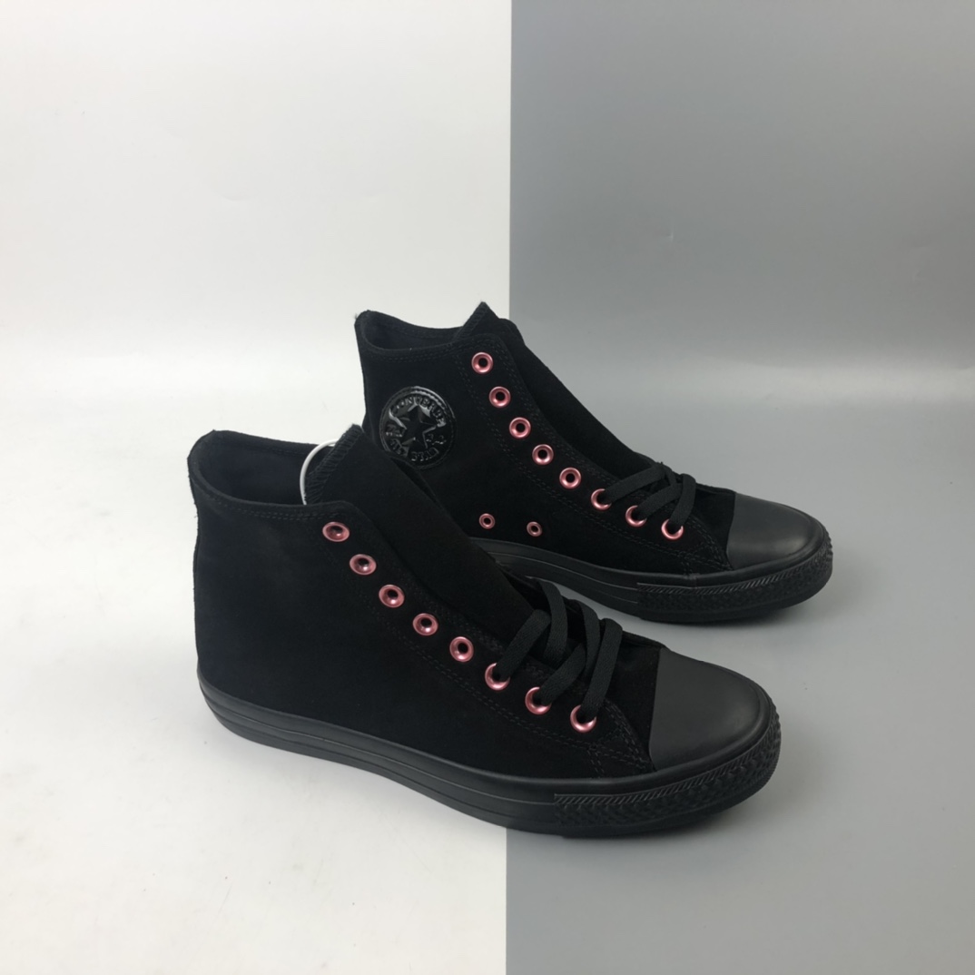 150 Converse Chunk Taylor All Star 匡威麂皮黑粉高帮翻毛帆布鞋 163286C