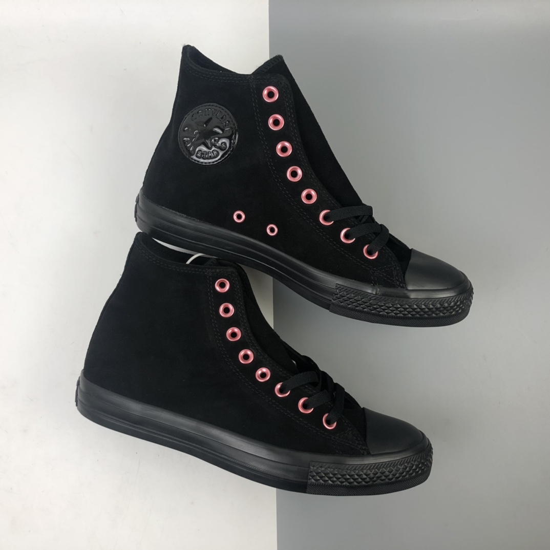 150 Converse Chunk Taylor All Star 匡威麂皮黑粉高帮翻毛帆布鞋 163286C