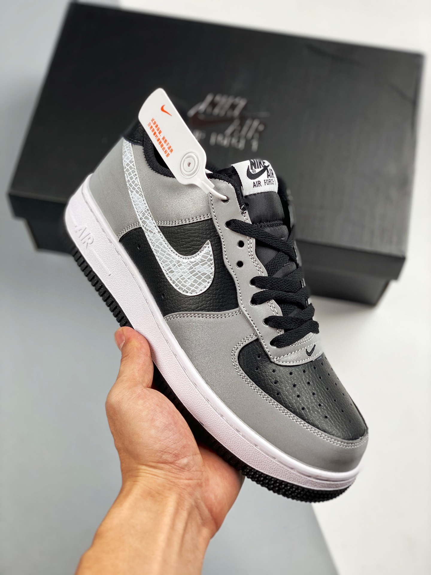 Nike Air Force1 3M Black Silver Snake Pattern Original last and original cardboard Creating authentic Air Force shape #…