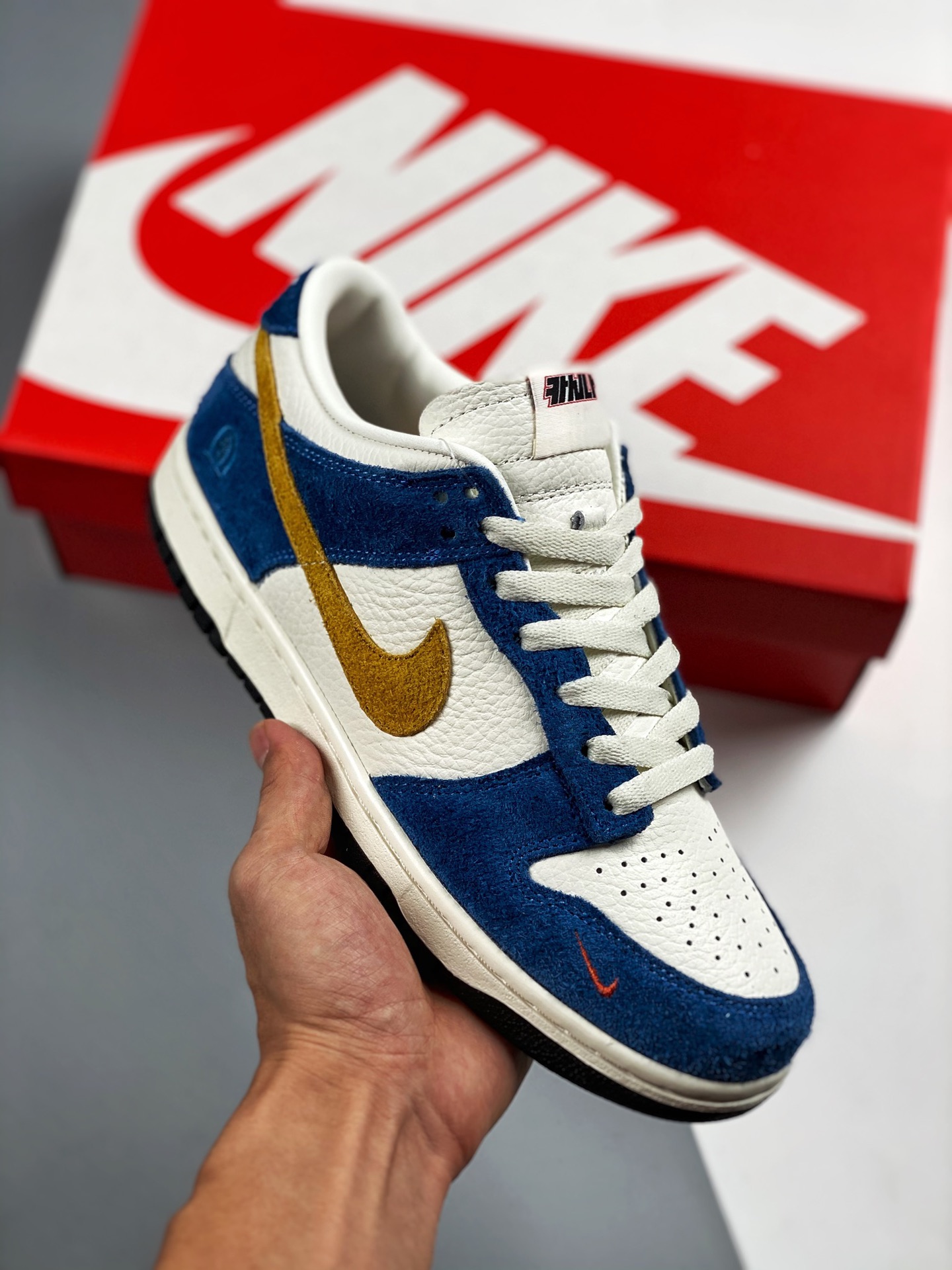 Kasina x Dunk Low '80s Bus' línea de producción original pura, color azul y amarillo, #etiqueta tejida de fábrica origi…