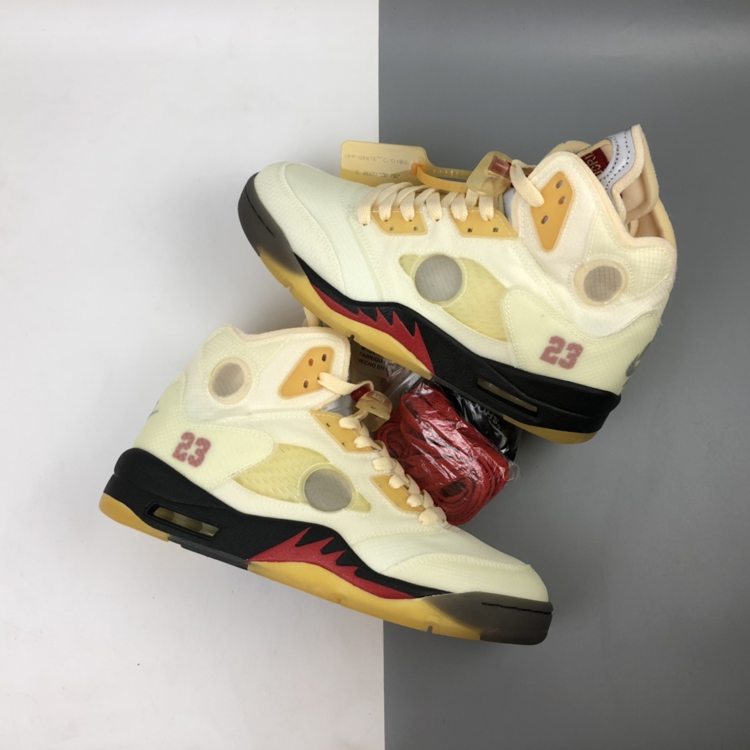 420 Off-White x Air Jordan Retro 5”Sail OW米黄红黑3M  DH8565-100