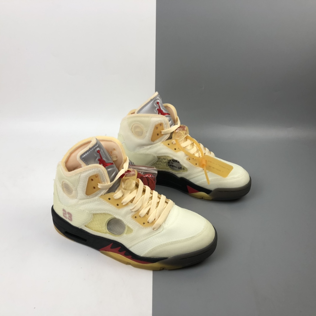 420 Off-White x Air Jordan Retro 5”Sail OW米黄红黑3M  DH8565-100