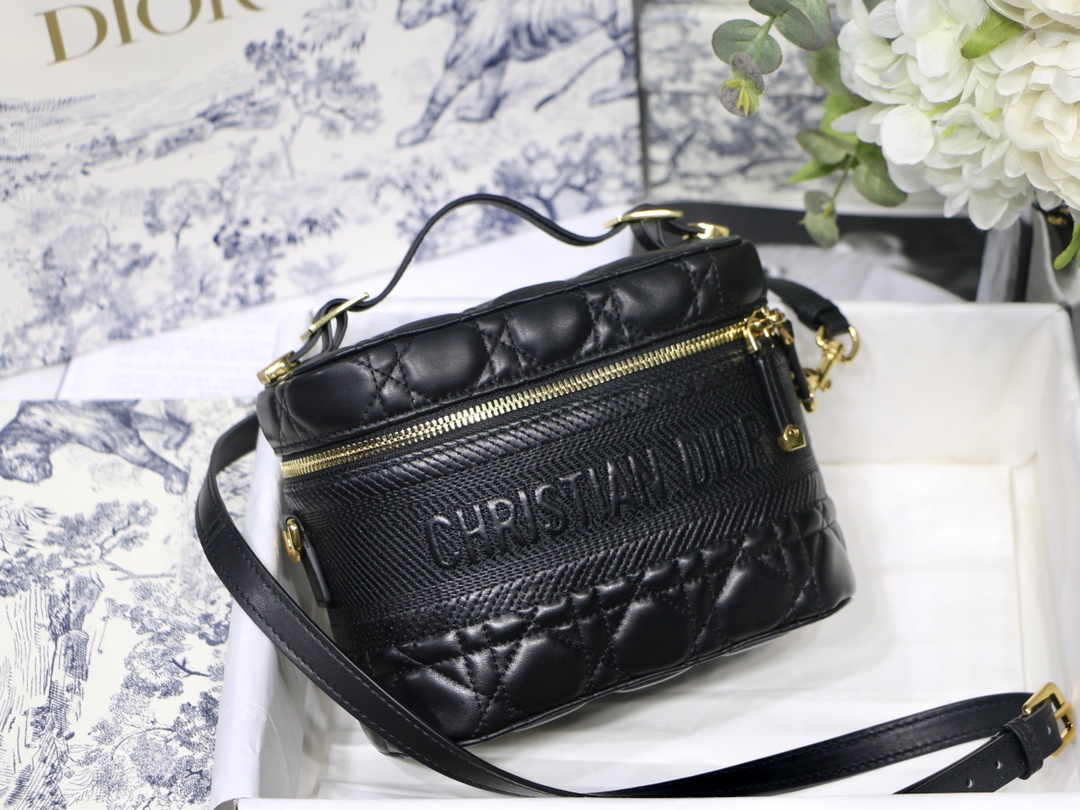 Dior Travel Black Lambskin Cannage Toiletry Bag Handbag Shoulder Bag