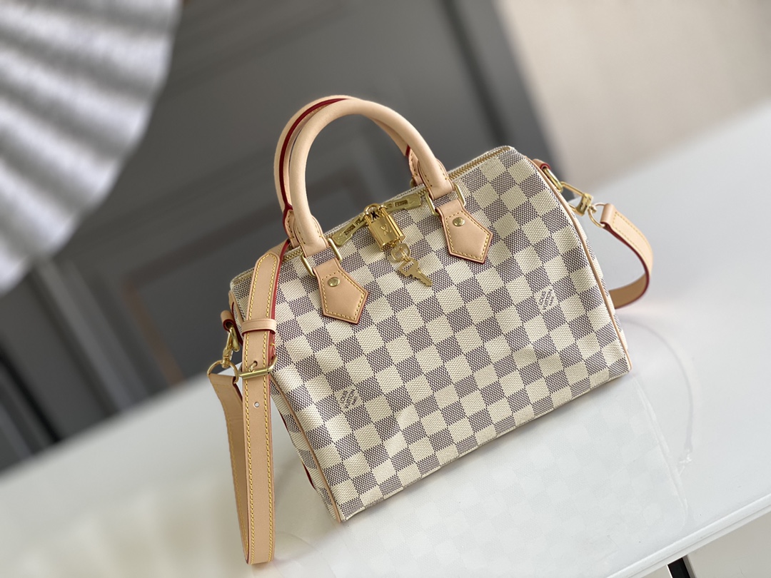 Louis Vuitton LV Speedy Bags Handbags Gold Yellow Damier Azur Canvas Fabric Fashion