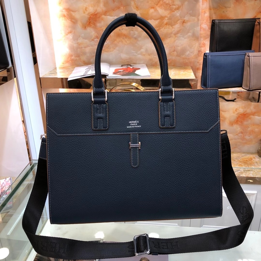 Hermes Bags Briefcase Black Blue Cowhide Casual
