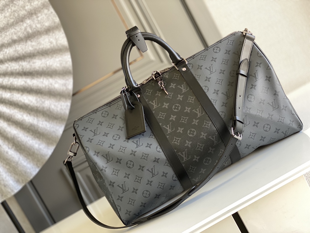 Louis Vuitton LV Keepall Travel Bags Black Silver Monogram Canvas Cowhide Fabric