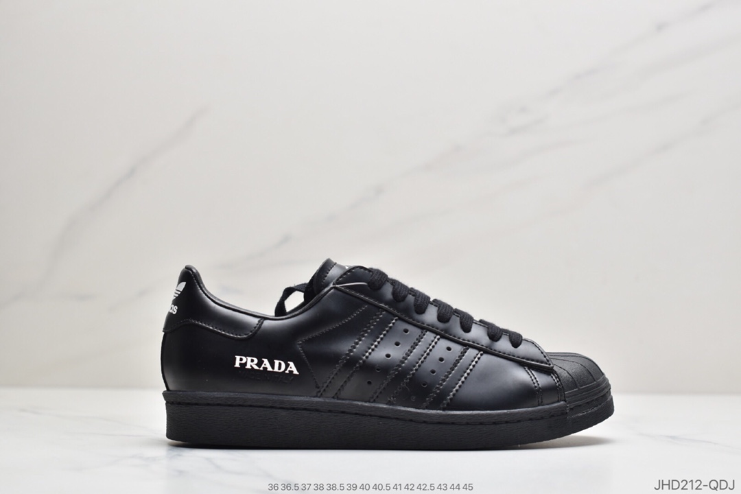 190 公司级意大利奢侈品牌(普拉达)Prada x adidas Superstar 80s”White/Black”贝壳头经典百搭休闲运动板鞋“皮革白黑LOGO普拉达”FX4546