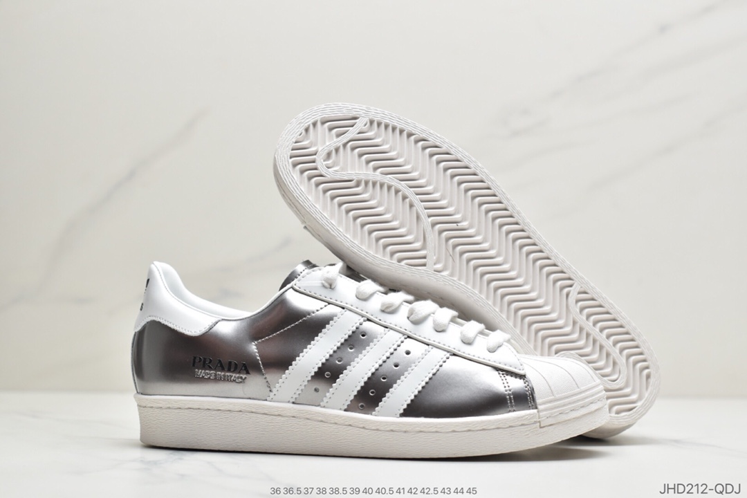 190 公司级意大利奢侈品牌(普拉达)Prada x adidas Superstar 80s”White/Black”贝壳头经典百搭休闲运动板鞋“皮革白黑LOGO普拉达”FX4546