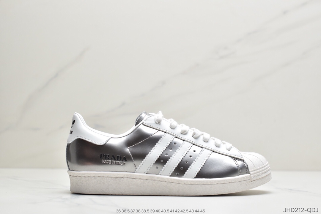 190 公司级意大利奢侈品牌(普拉达)Prada x adidas Superstar 80s”White/Black”贝壳头经典百搭休闲运动板鞋“皮革白黑LOGO普拉达”FX4546