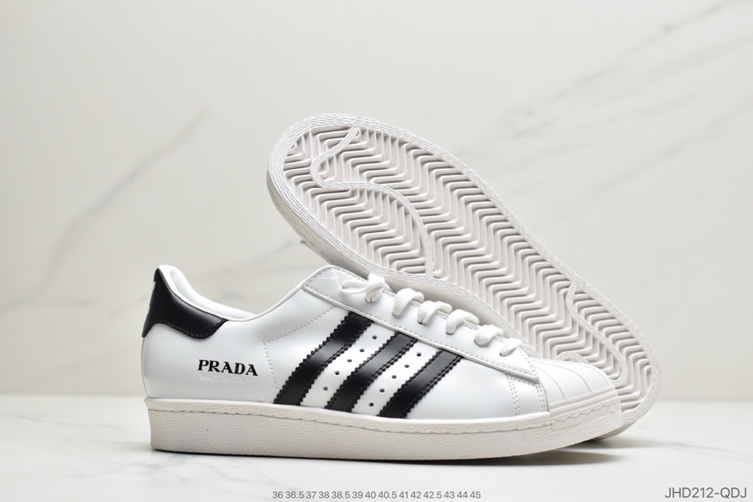 190 公司级意大利奢侈品牌(普拉达)Prada x adidas Superstar 80s”White/Black”贝壳头经典百搭休闲运动板鞋“皮革白黑LOGO普拉达”FX4546