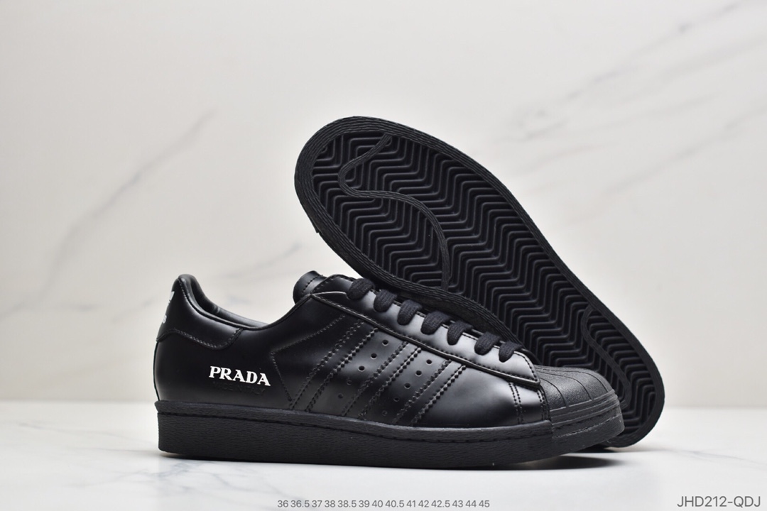 190 公司级意大利奢侈品牌(普拉达)Prada x adidas Superstar 80s”White/Black”贝壳头经典百搭休闲运动板鞋“皮革白黑LOGO普拉达”FX4546