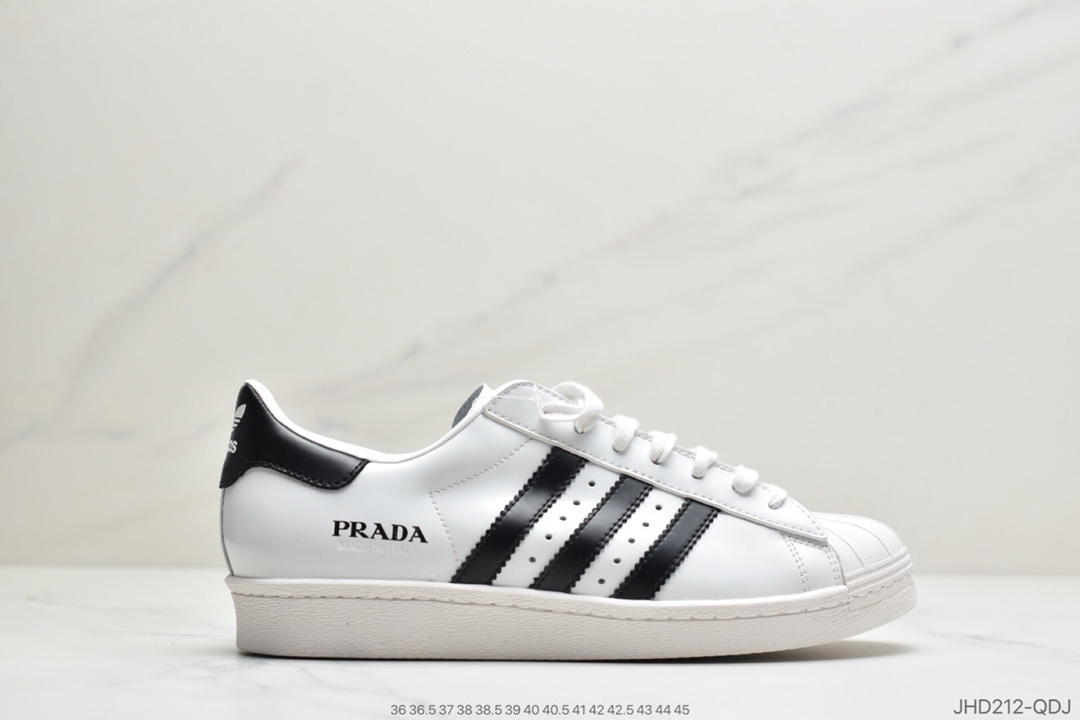 190 公司级意大利奢侈品牌(普拉达)Prada x adidas Superstar 80s”White/Black”贝壳头经典百搭休闲运动板鞋“皮革白黑LOGO普拉达”FX4546
