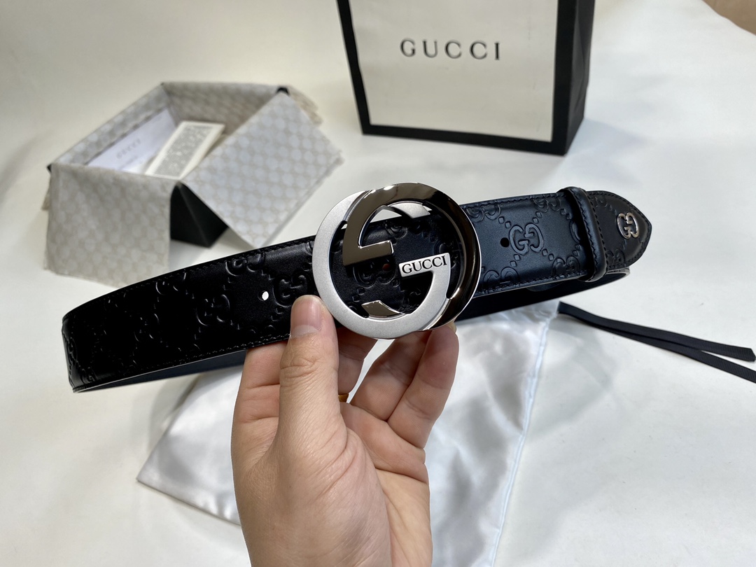 GUCCI-意大利进口头层压花小牛皮配平纹底搭配真空电镀亮面纯铜扣经典款式专柜有售市场顶级品质宽度3.8