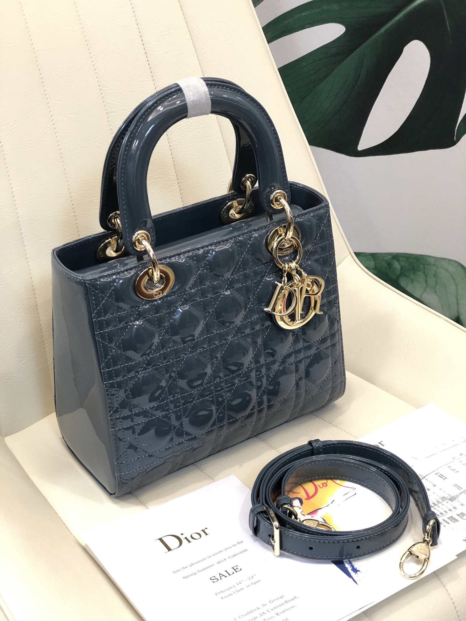 DIOR LadyDior Denim Blue Patent Calfskin Cannage Top Handle Bag