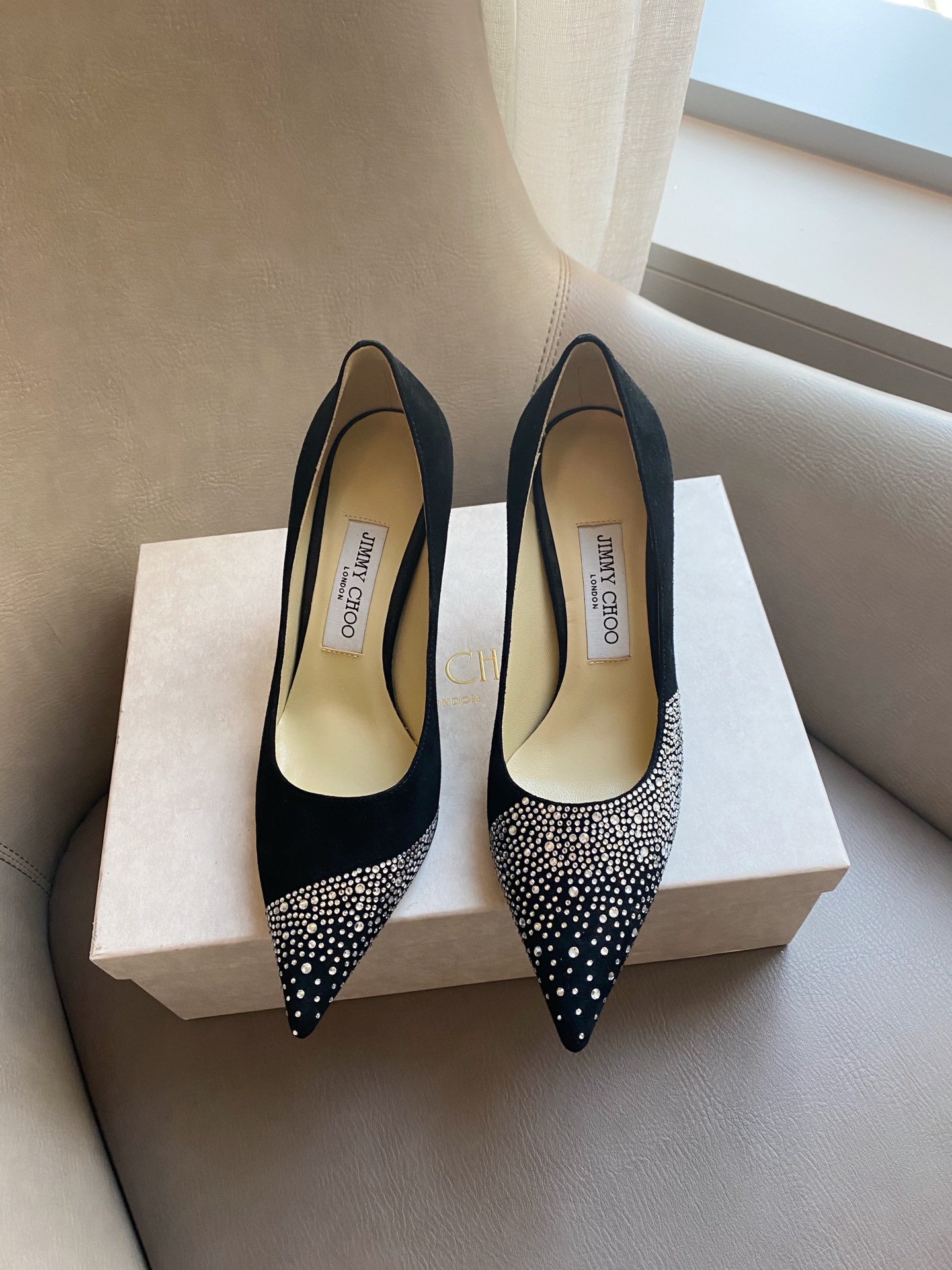 JIMMY CHOO High Heels Pointed Toe Pumps Hotfix Rhinestones + Imported Sheepskin Full-Grain Crystal Lambskin 1.0/6.5/8.5cm