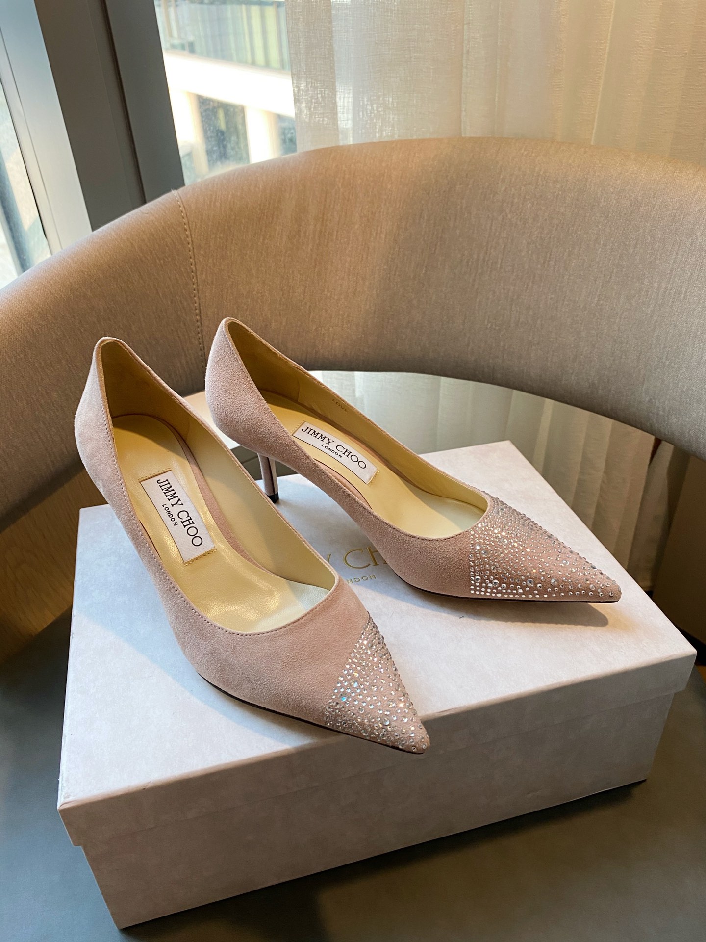 JIMMY CHOO High Heel Pointed Toe Pumps Hotfix Rhinestones + Imported Sheepskin Full-Grain Crystal Lambskin 1.0/6.5/8.5cm