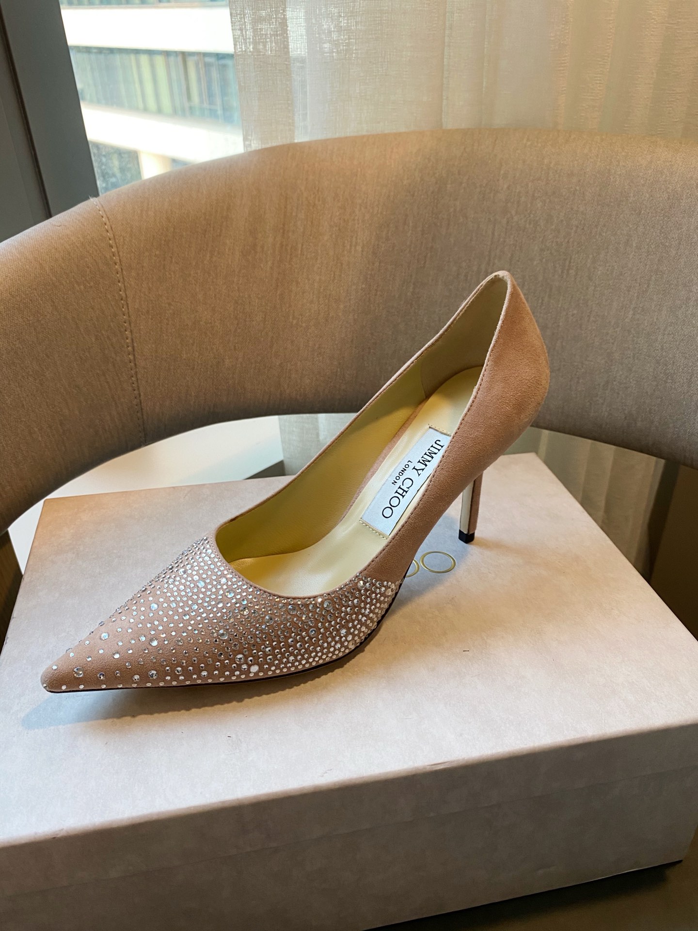 JIMMY CHOO High Heels Pointed Toe Pumps Hotfix Rhinestones + Imported Sheepskin Full-Grain Crystal Lambskin 1.0/6.5/8.5cm