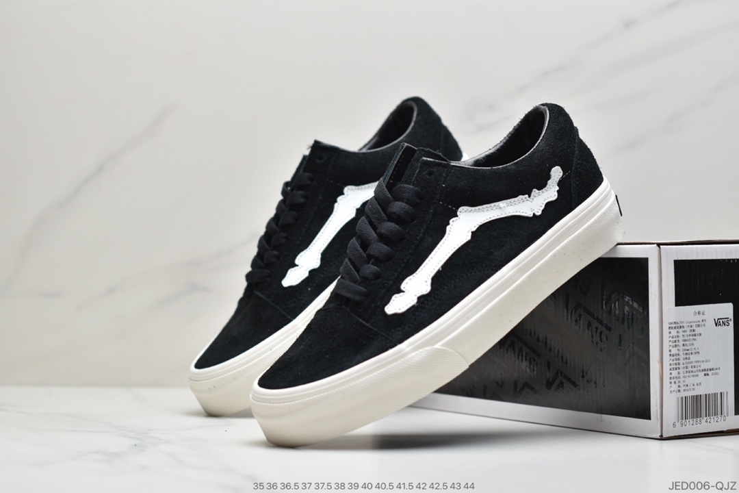 150 公司级Blends Vans联名Old Skool ComfyCush黑白麂皮骨头图案帆布鞋低帮