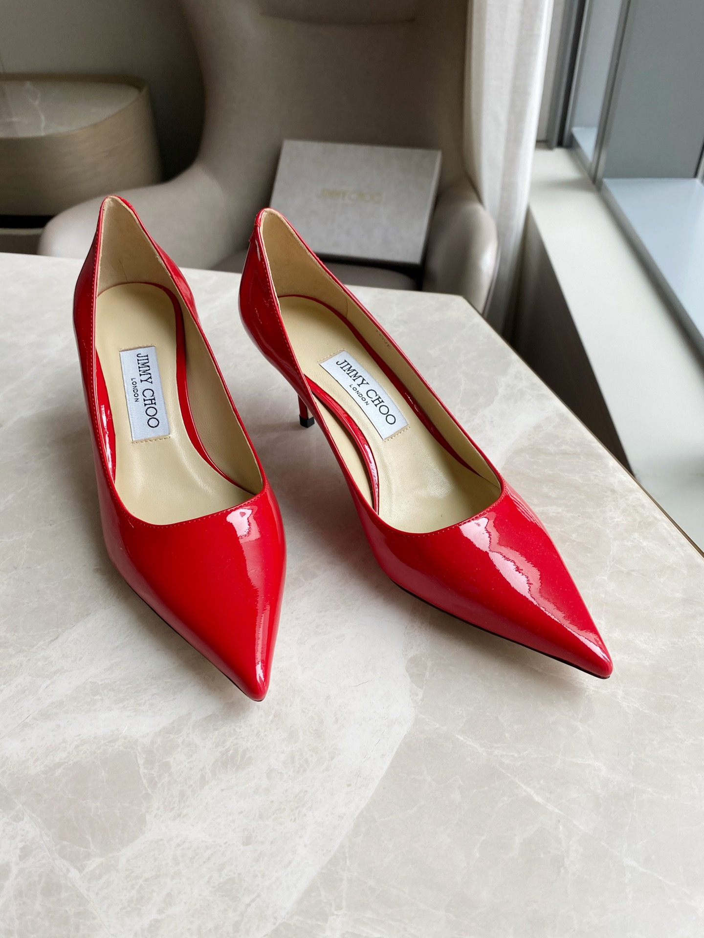 JIMMY CHOO Pointed Toe Pumps Imported Patent Leather Full Grain Crystal Sheepskin Italian Genuine Leather Outsole 1.0/6.5/8.5cm