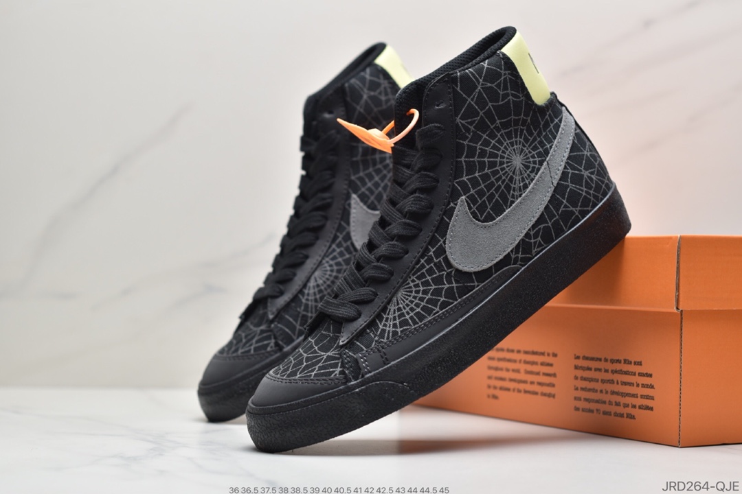 210 耐克Nik Blazer Mid '1977 Vintage”Spider Web”经典开拓者高帮百搭休闲运动板鞋“黑灰荧光绿夜光蜘蛛网3M”DC1929-001